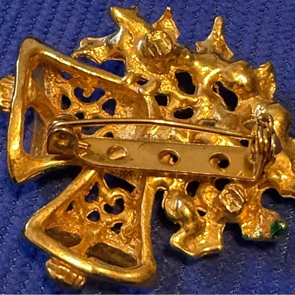 Festive  Gold and Green Bell Brooch with Pearls